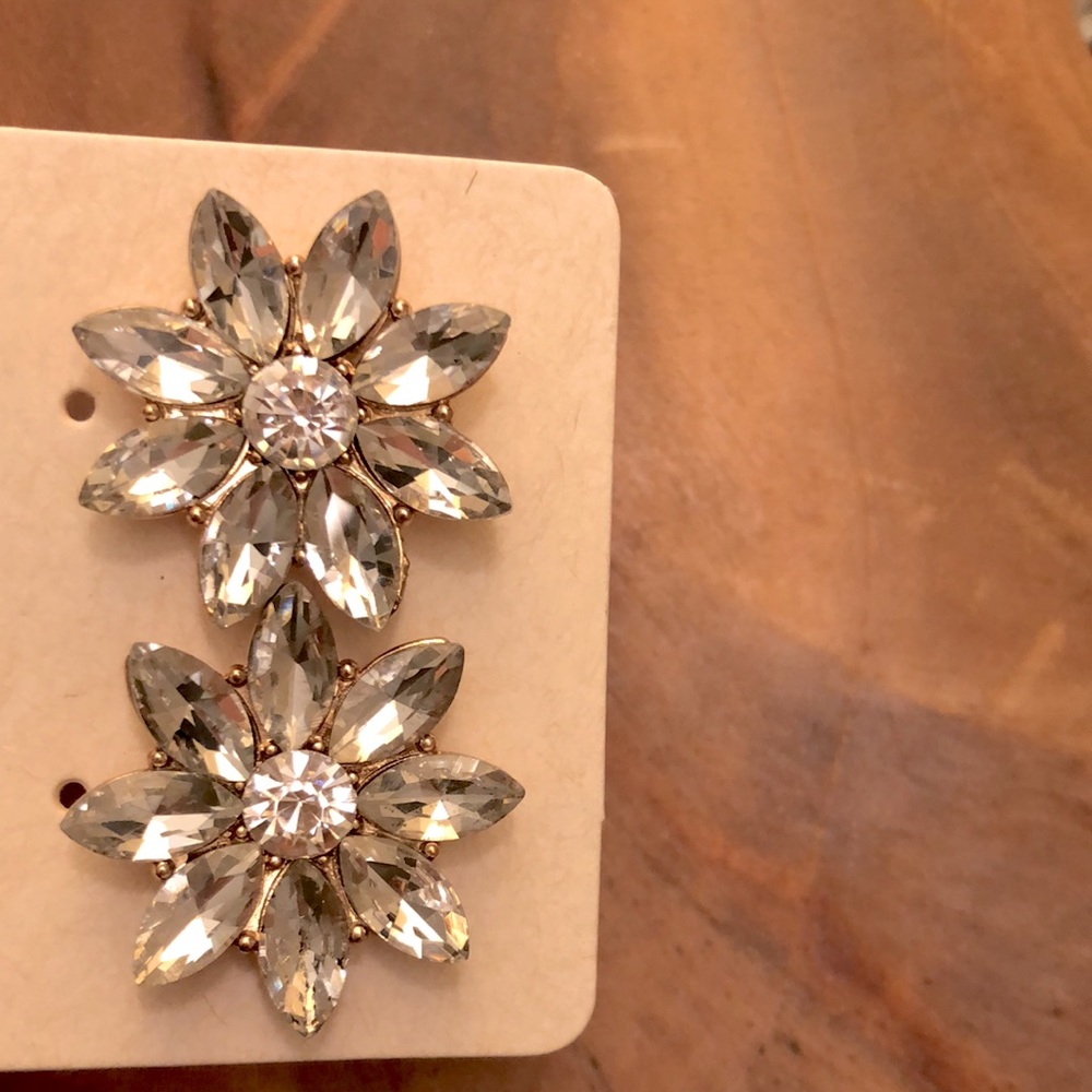 Classic Clear Diamond + Gold Crystal Flower Statement Earrings - Picture 6 of 7